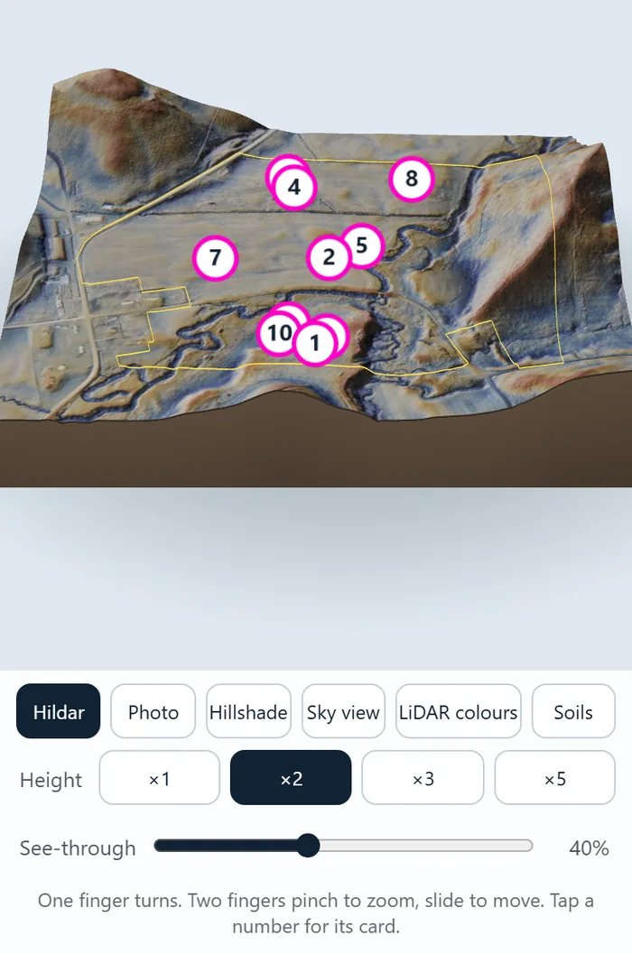 The 3D view in the Hildar layer, with layer buttons, height settings and a see-through slider under the model.