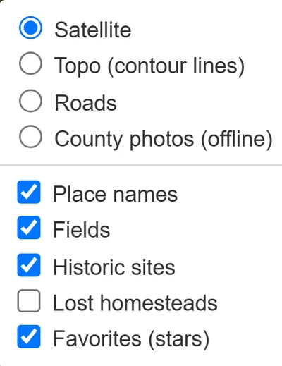 The map layers menu: satellite, topo contour lines, roads, county photos offline, place names, fields, historic sites, lost homesteads and favorites.
