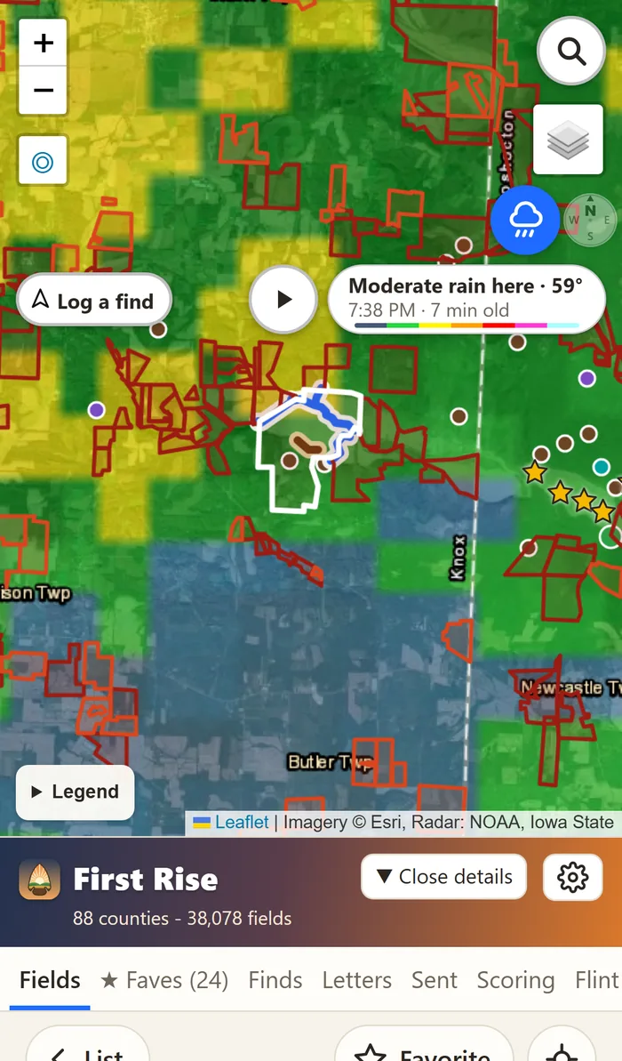 Live rain radar over a field in the app: green, yellow and blue rain over the map, with the label Moderate rain here, 59 degrees, and a play button for the last hour.